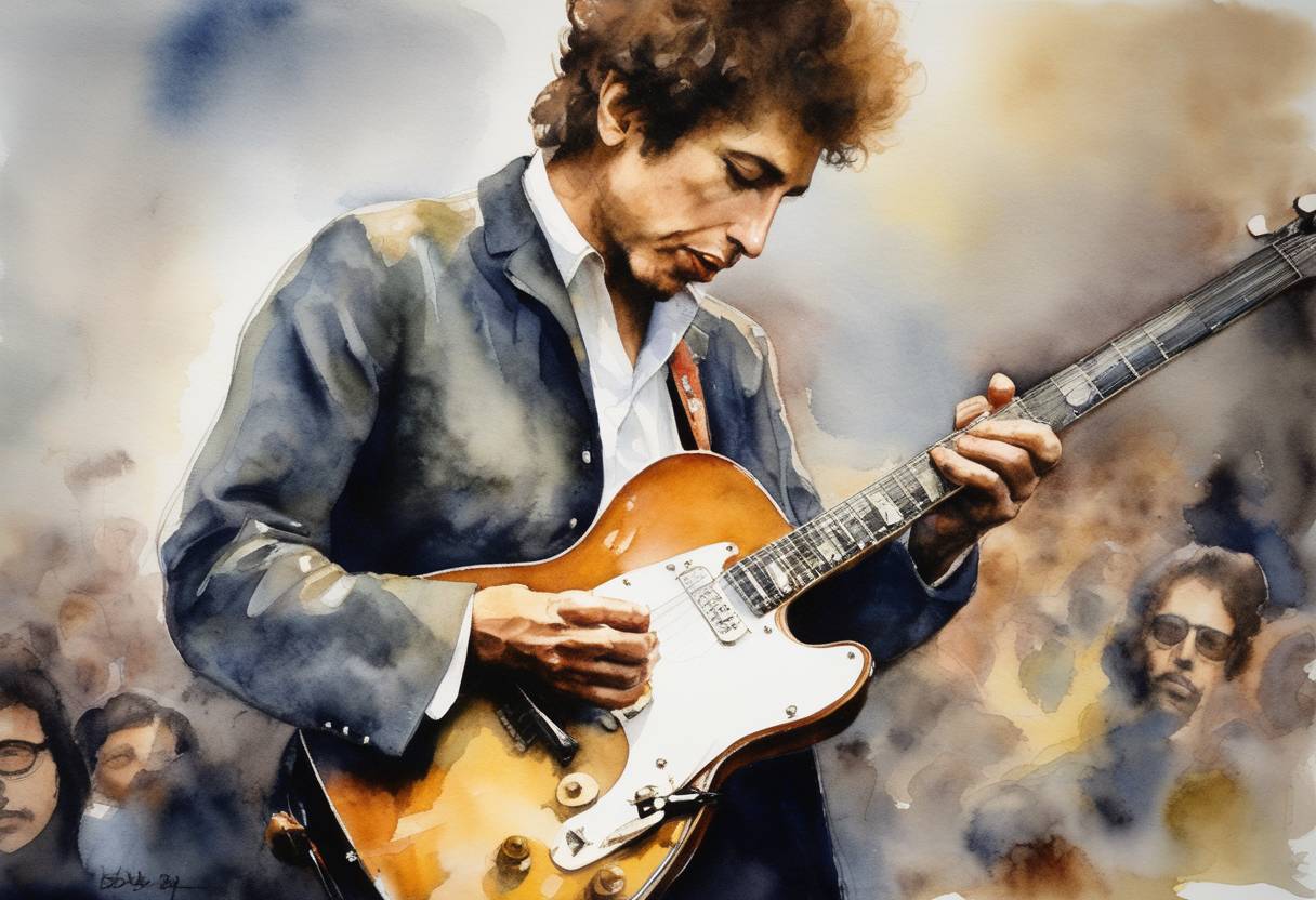 Watercolor painting based depiction of Bob Dylan goes electric as he plugs in his electric guitar for his performance at the Newport Folk Festival, marking a significant change in his musical direction. (1965)