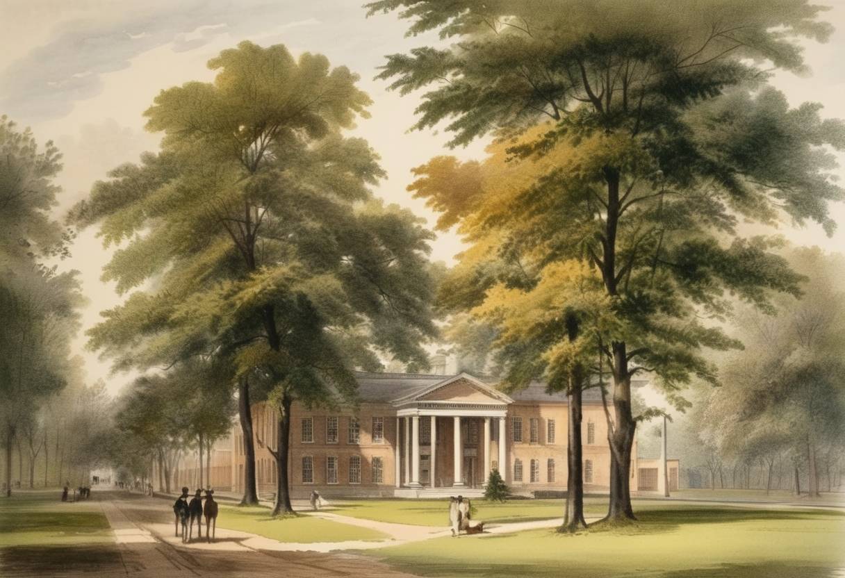 Watercolor painting based depiction of Oberlin Collegiate Institute, now known as Oberlin College, became the first higher education institution in the United States to adopt a policy to admit African American students, marking a significant moment in the history of education and civil rights. (1837)