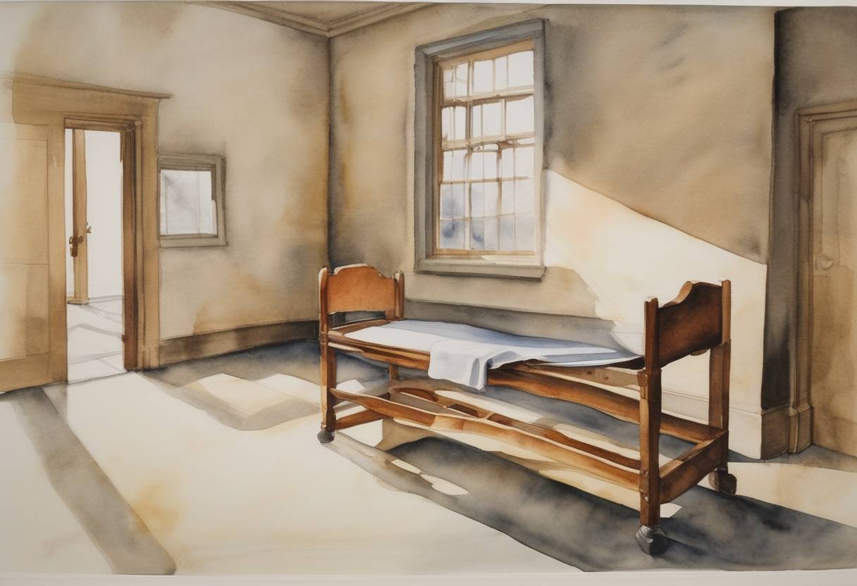 Watercolor painting based depiction of Charles Brooks Jr. became the first person in the United States to be executed by lethal injection at the Huntsville Unit in Texas. (1982)