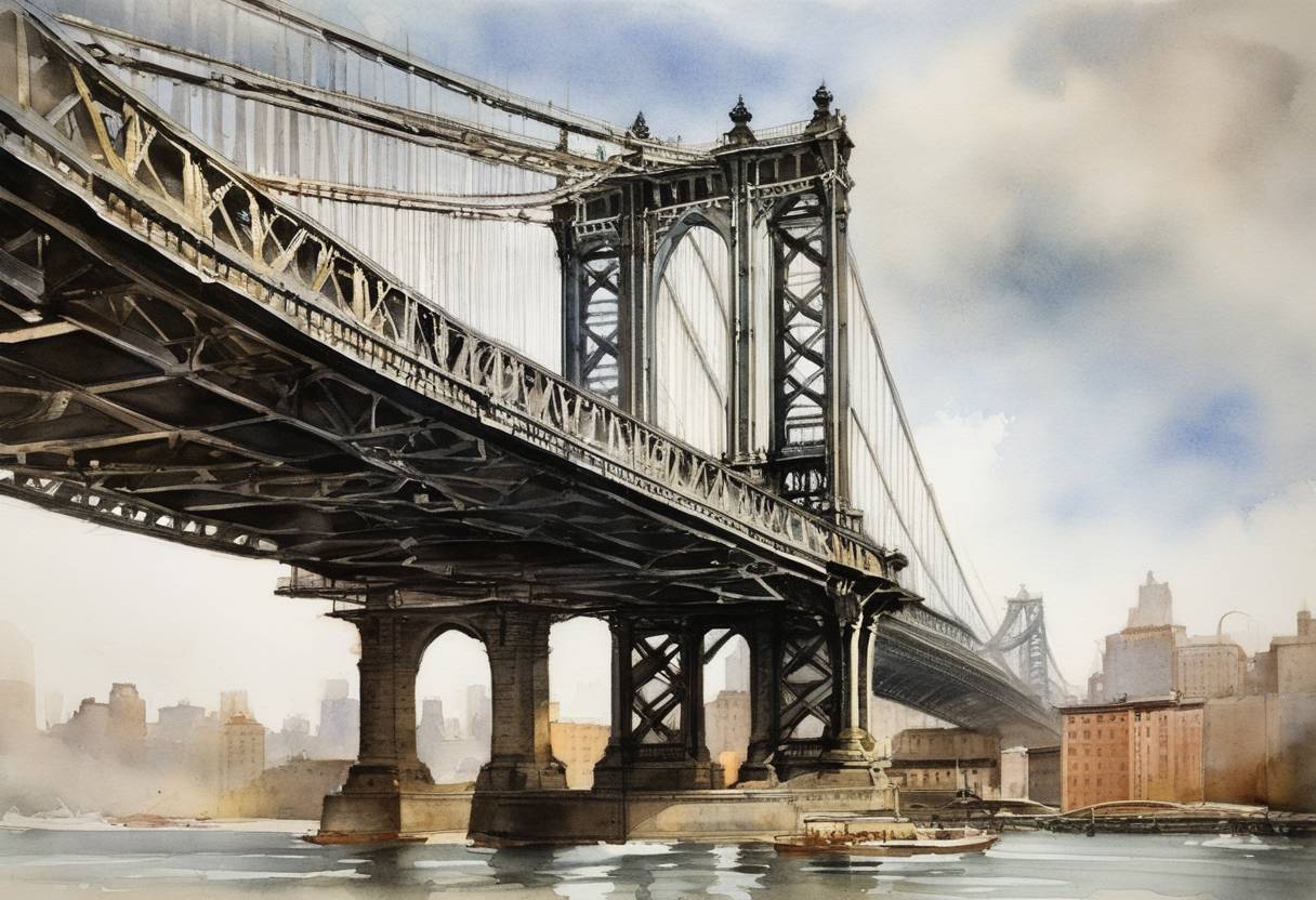Watercolor painting based depiction of The Manhattan Bridge, a suspension bridge connecting Manhattan and Brooklyn in New York City, officially opened to traffic. (1909)