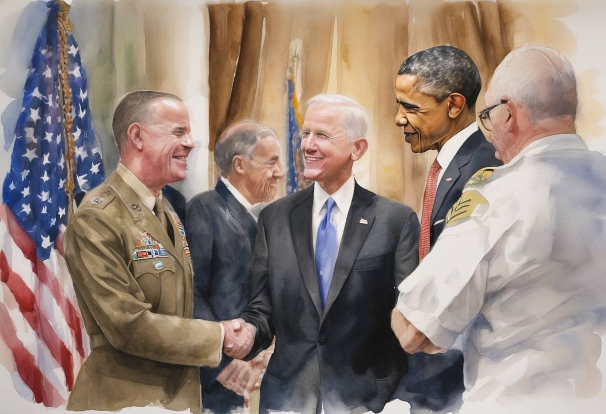 Watercolor painting based depiction of The repeal of 'Don't Ask, Don't Tell,' the policy barring openly gay, lesbian, and bisexual people from military service, was signed into law by President Barack Obama. (2010)