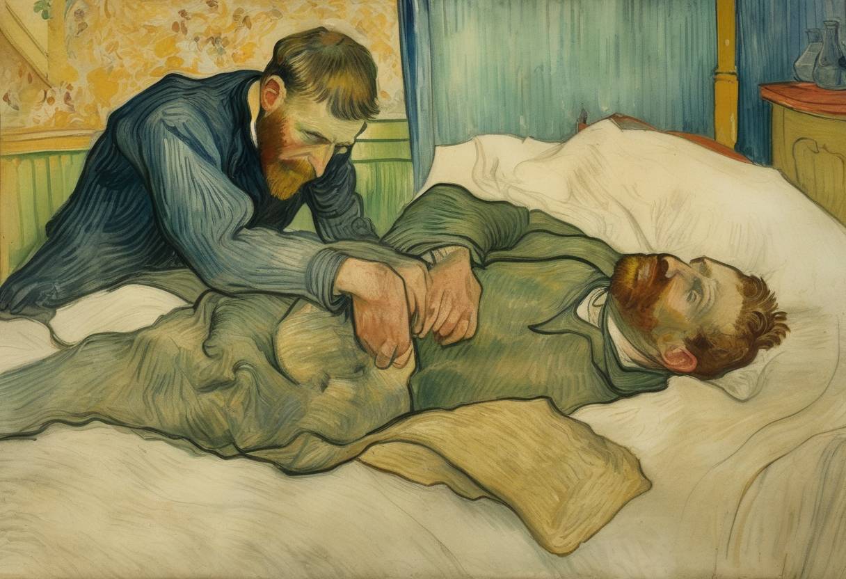 Watercolor painting based depiction of The famous Van Gogh ear incident reportedly took place, where Vincent van Gogh is said to have cut off part of his ear. (1888)