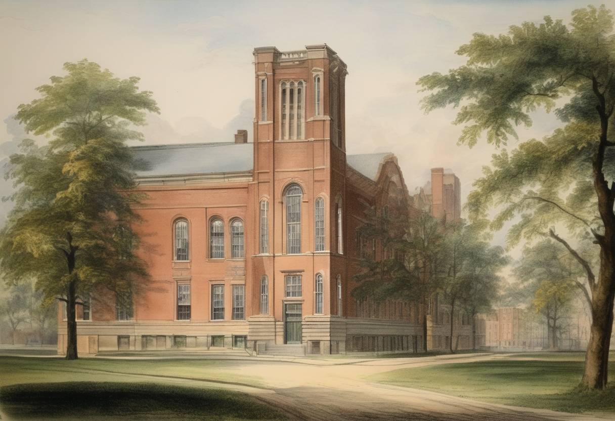 Watercolor painting based depiction of The University of Michigan is founded in Detroit. Initially named the Catholepistemiad, or University of Michigania, it was the first public university established outside of the original thirteen colonies. (1826)