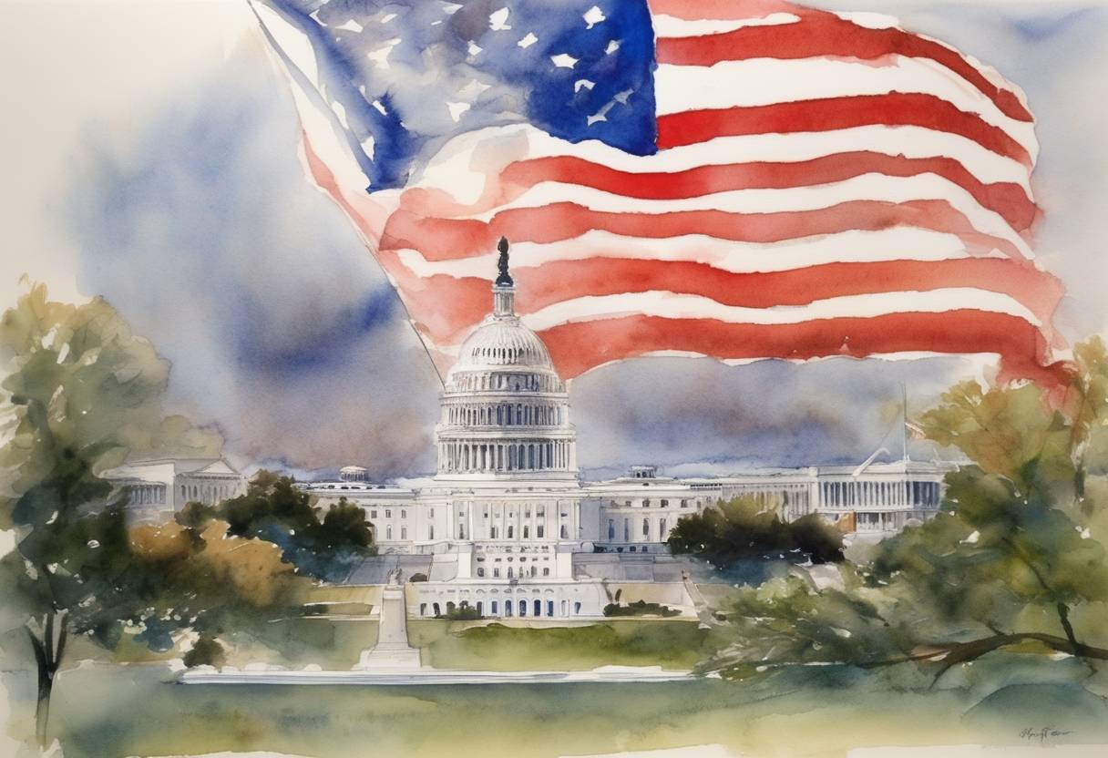 Watercolor painting based depiction of The United States Congress passed the USA PATRIOT Act in response to the terrorist attacks on September 11, 2001, enhancing law enforcement investigatory tools regarding counter-terrorism. (2001)