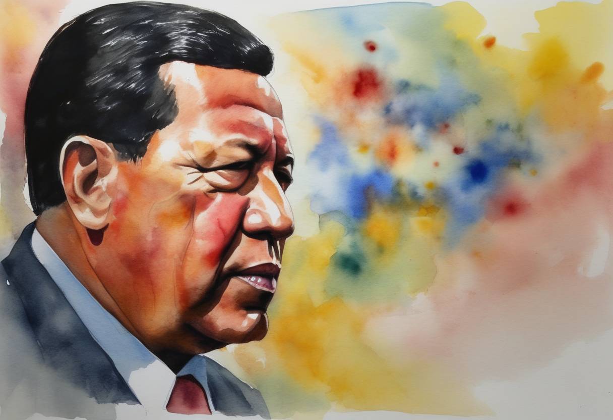 Watercolor painting based depiction of Venezuela holds regional elections, showcasing strong support for then-President Hugo Chávez, who was undergoing cancer treatment at the time. Despite his absence, his party, the United Socialist Party of Venezuela, won the majority of governorships. (2012)
