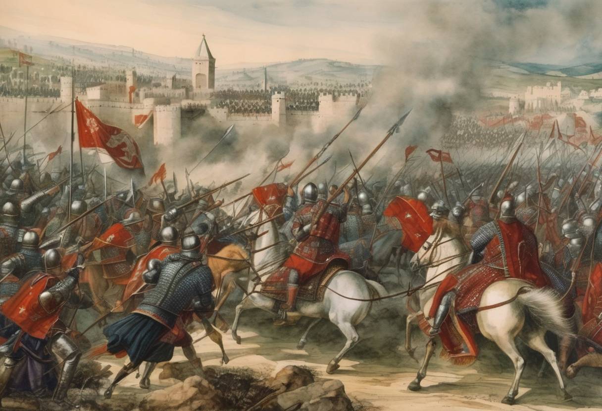 Watercolor painting based depiction of The Battle of Nicopolis, a major conflict during the Crusades where Christian forces faced the Ottoman Empire, took place. The battle ended in a significant defeat for the Christian knights and their allies. (1396)