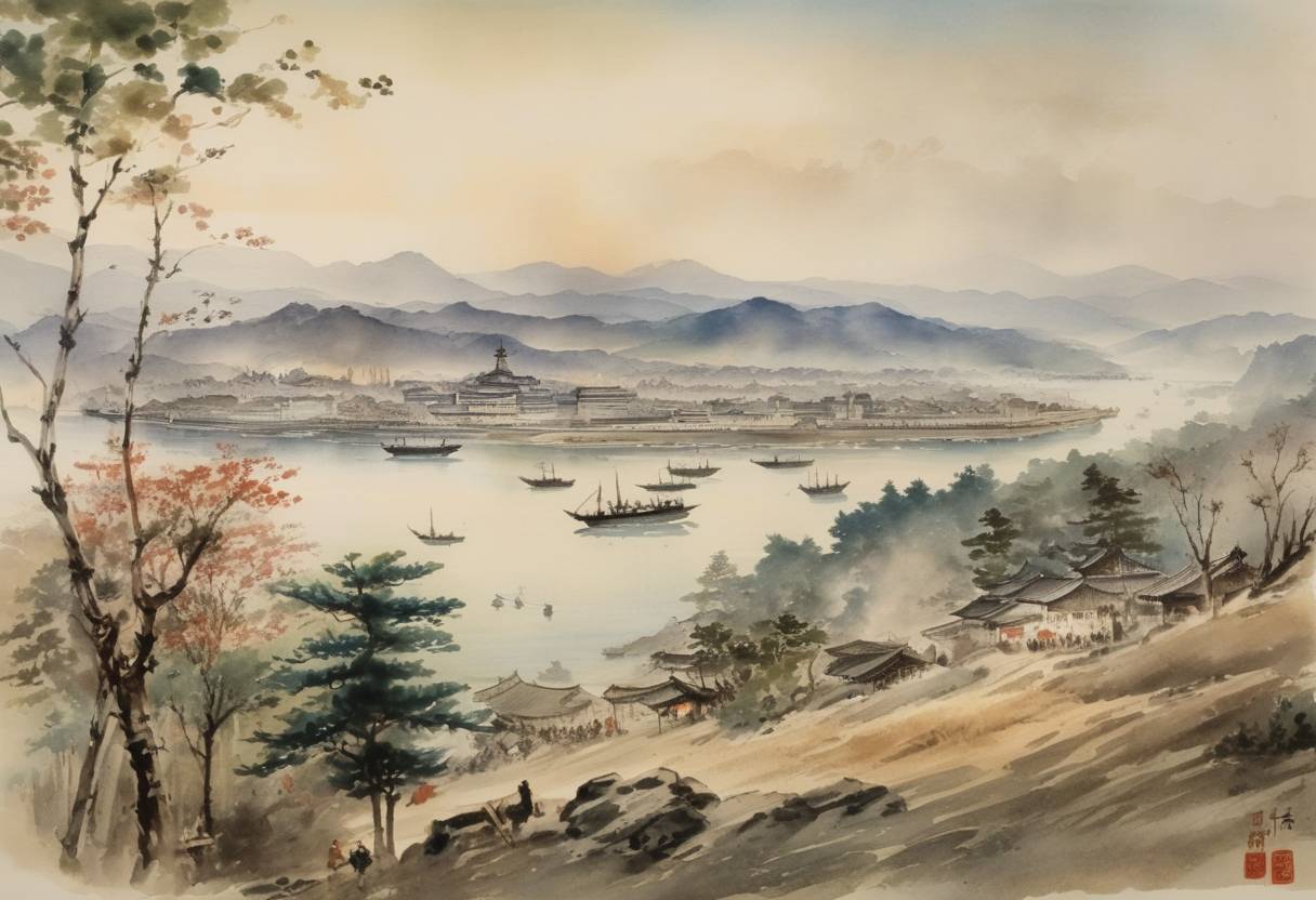 Watercolor painting based depiction of The first Sino-Japanese War: Japanese forces captured the port city of Pyongyang from China. (1894)