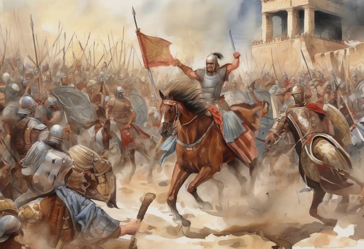 Watercolor painting based depiction of The Byzantine general Belisarius defeated the Vandals, led by King Gelimer, at the Battle of Tricamarum, effectively ending the Vandal Kingdom in North Africa. (533)