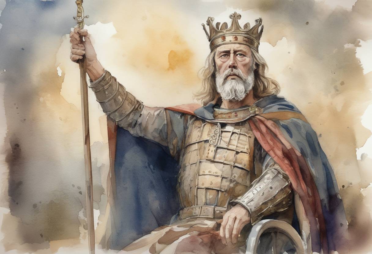 Watercolor painting based depiction of King Alfred the Great of Wessex, known for his defense of the Anglo-Saxon kingdoms against the Viking invasions and his contributions to the English legal system and education, passed away. His reign marked a significant period in the consolidation of England. (899)