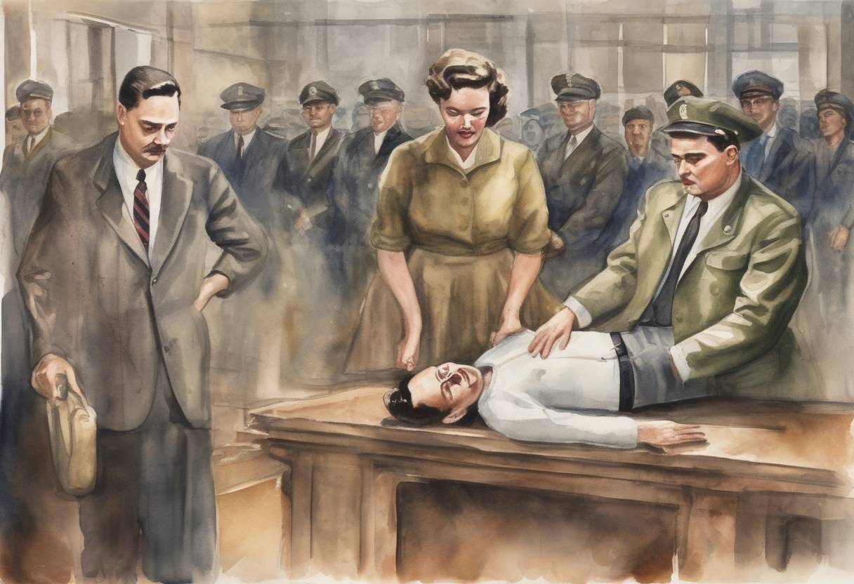 Watercolor painting based depiction of Julius and Ethel Rosenberg are executed for conspiracy to commit espionage for the Soviet Union, marking a controversial moment in Cold War history. (1953)