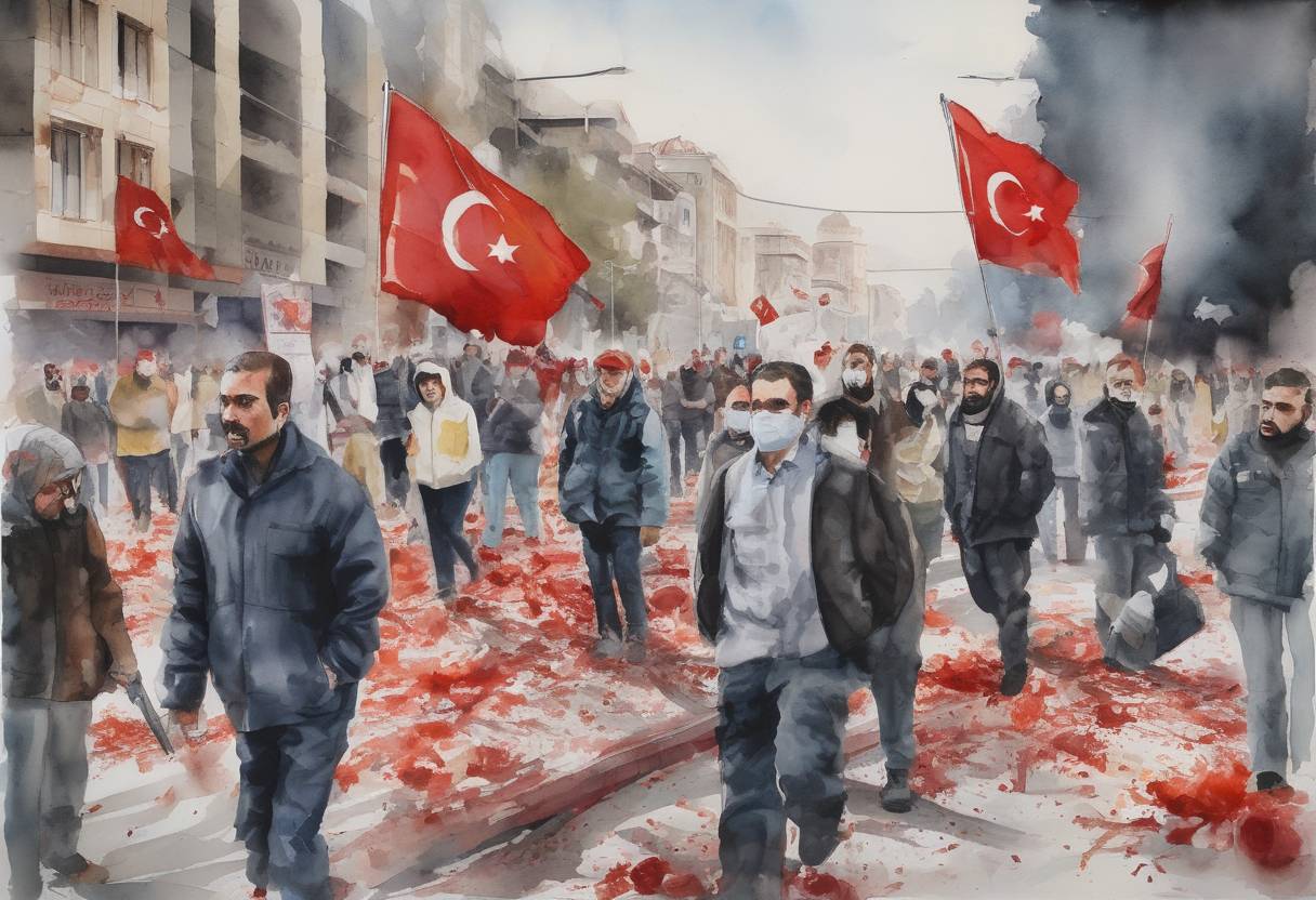 Watercolor painting based depiction of Two suicide bombings occur at a peace rally in Ankara, Turkey, killing over 100 people and injuring more than 400, marking one of the deadliest attacks in Turkey's history. (2015)