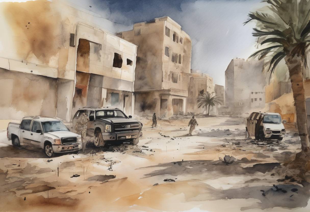 Watercolor painting based depiction of The 2012 Benghazi attack was a coordinated assault against two United States government facilities in Benghazi, Libya, by members of the Islamic militant group Ansar al-Sharia. The attack resulted in the deaths of four Americans, including U.S. Ambassador J. Christopher Stevens. (2012)