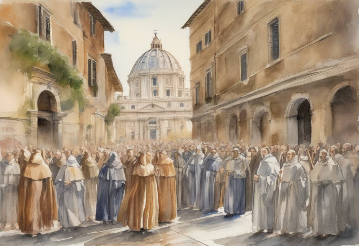 Watercolor painting based depiction of Pope Honorius III formally approved the Franciscan Order, founded by St. Francis of Assisi, which became one of the most influential religious orders in the Catholic Church. (1223)