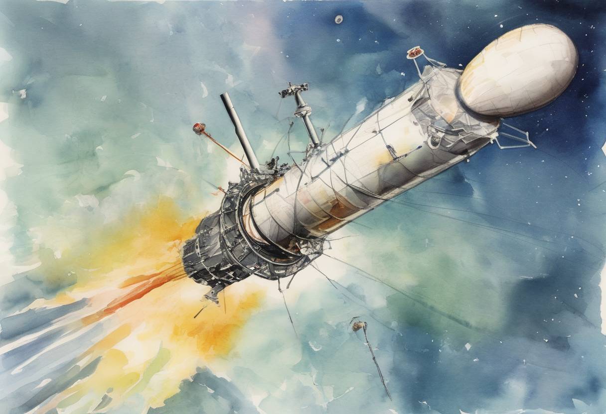 Watercolor painting based depiction of The United States launched the Vanguard 1 satellite, the first solar-powered satellite, which remains the oldest human-made object still in orbit. (1958)