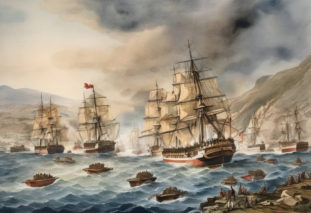 Watercolor painting based depiction of The Battle of Navarino took place during the Greek War of Independence, where a combined British, French, and Russian fleet defeated the Ottoman and Egyptian armada. (1827)