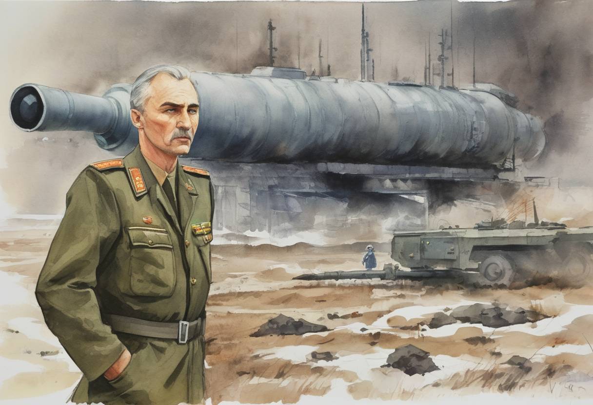 Watercolor painting based depiction of Soviet Lieutenant Colonel Stanislav Petrov averts a potential nuclear disaster by correctly identifying a false alarm in the Soviet Union's missile detection system. (1983)