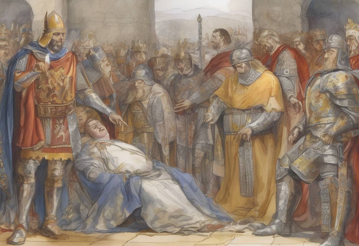Watercolor painting based depiction of The death of Emperor Charles the Fat, the last Carolingian emperor to rule over a united Carolingian Empire, took place. His reign saw the fragmentation of the empire and the rise of regional powers. (887)