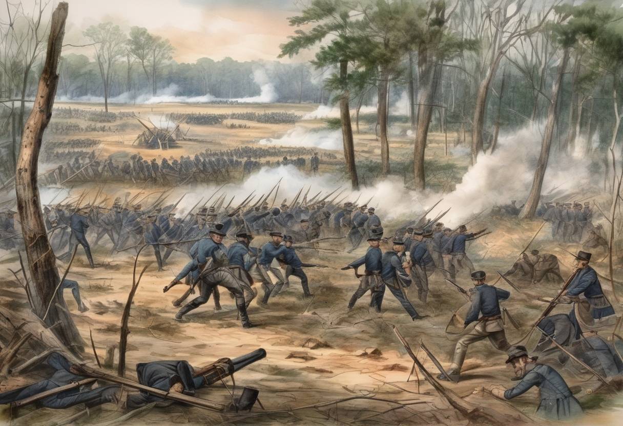 Watercolor painting based depiction of The Battle of Cold Harbor, one of the final battles of Union General Ulysses S. Grant's Overland Campaign during the American Civil War, begins. (1864)