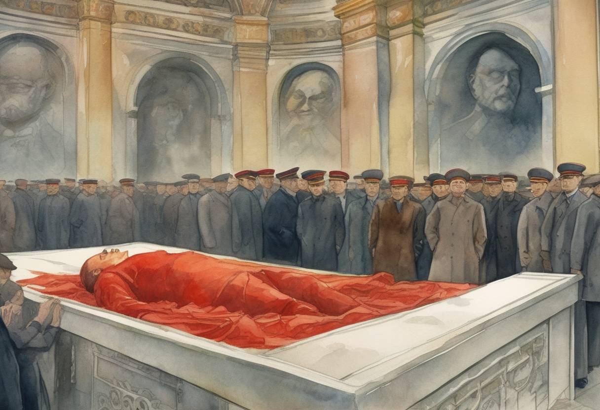 Watercolor painting based depiction of Lenin's body is placed in a mausoleum in Red Square, Moscow, following his death on January 21. (1924)