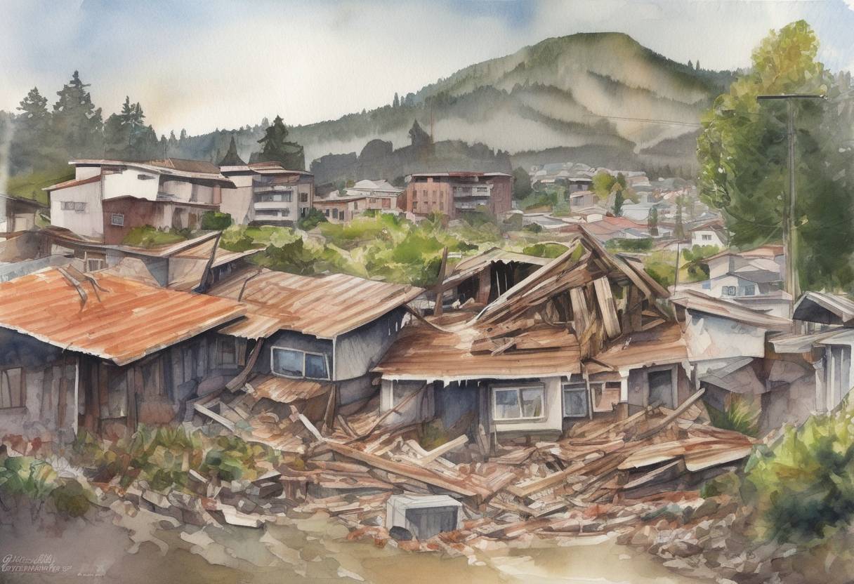 Watercolor painting based depiction of A magnitude 7.1 earthquake strikes central Chile, causing widespread panic but no significant damage or casualties, as the region was still recovering from a major quake in 2010. (2011)
