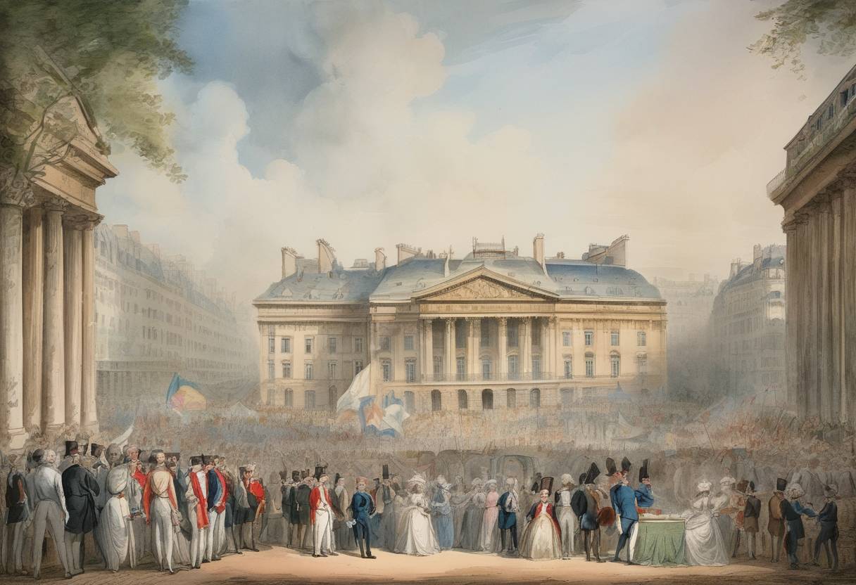 Watercolor painting based depiction of The National Convention voted to abolish the monarchy in France, marking the beginning of the First French Republic. (1792)