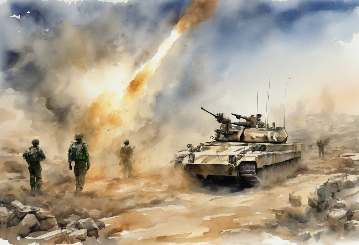 Watercolor painting based depiction of Israel launched Operation Cast Lead, a military campaign in the Gaza Strip, in response to rocket fire from Hamas. (2008)