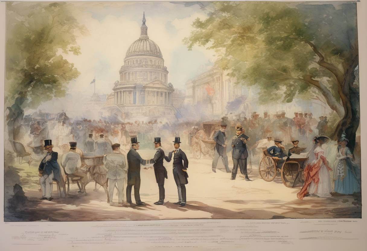 Watercolor painting based depiction of The Treaty of Paris was signed, officially ending the Spanish-American War. Spain relinquished its claims over Cuba and ceded Puerto Rico, Guam, and the Philippines to the United States. (1898)