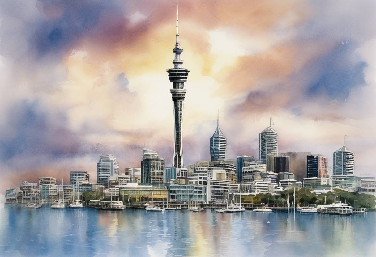 Watercolor painting based depiction of The Sky Tower in Auckland, New Zealand, opens as the tallest free-standing structure in the Southern Hemisphere. (1997)