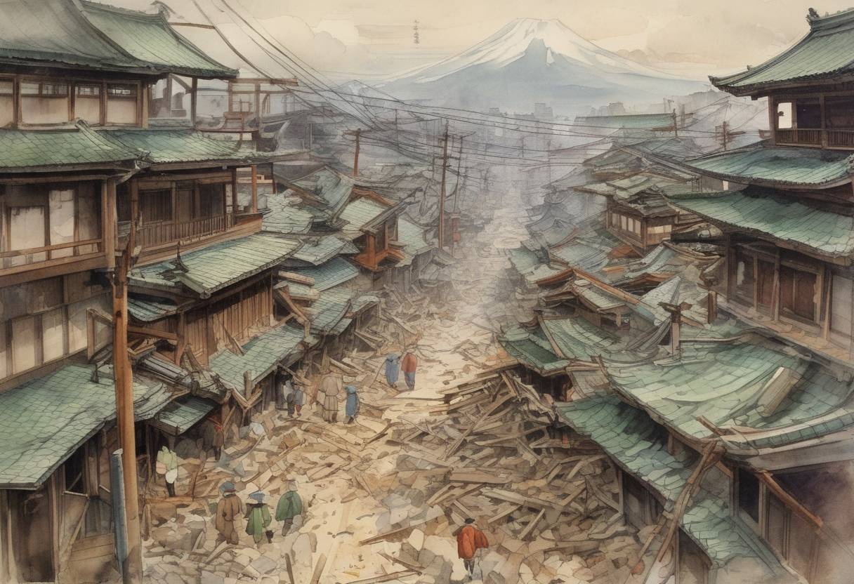 Watercolor painting based depiction of The Great Kantō earthquake strikes the Kantō region of Japan, causing widespread destruction and loss of life in Tokyo and Yokohama. (1923)