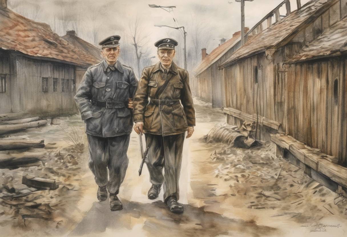 Watercolor painting based depiction of Rudolf Vrba and Alfréd Wetzler escaped from Auschwitz concentration camp, later providing one of the first detailed reports on the atrocities occurring there. (1944)