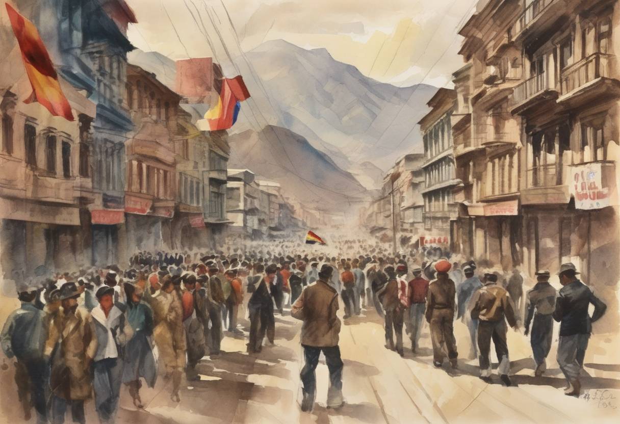Watercolor painting based depiction of The Bolivian National Revolution began, leading to significant social and economic reforms in Bolivia. (1952)