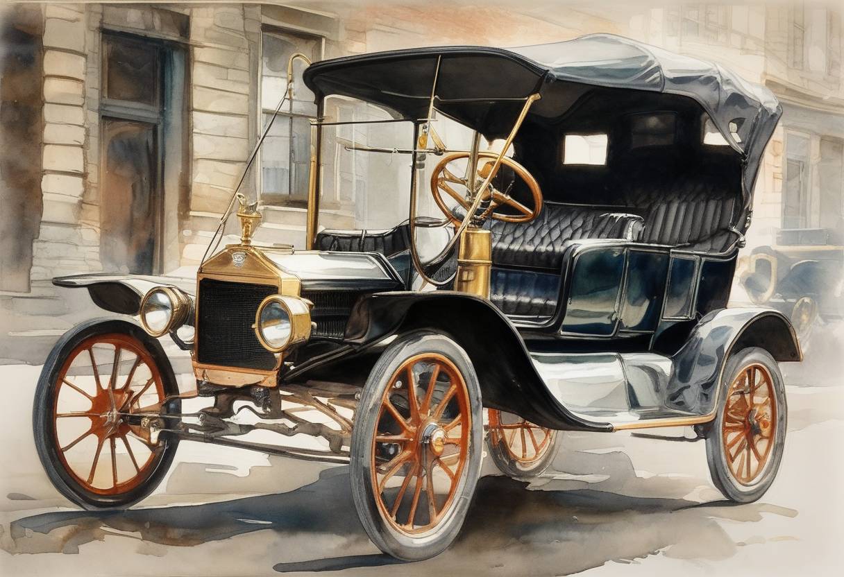 Watercolor painting based depiction of The Ford Model T, the first affordable automobile, was introduced to the market, revolutionizing transportation and American industry. (1908)