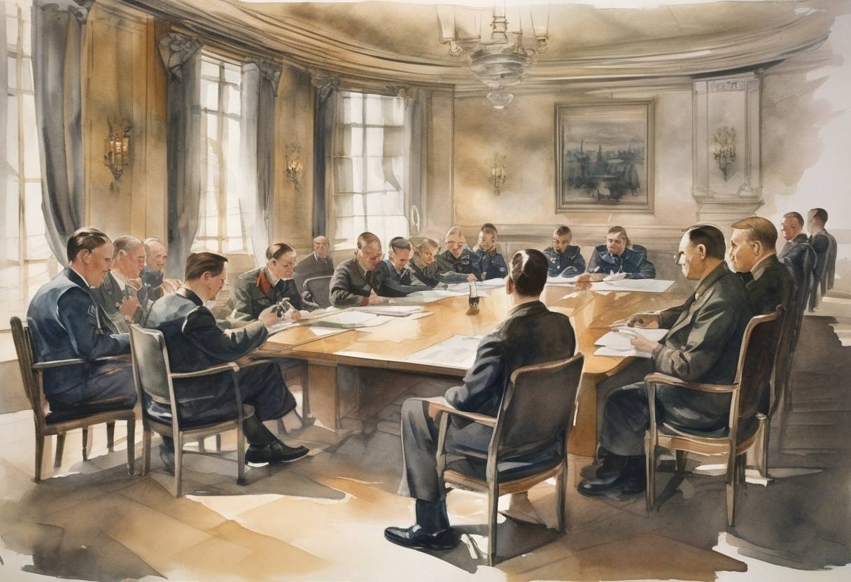 Watercolor painting based depiction of Adolf Hitler held a secret meeting and outlined his plans for acquiring 'living space' for the German people, which later became known as the Hossbach Memorandum. (1937)