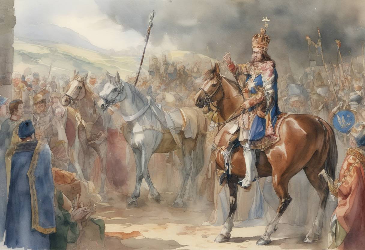 Watercolor painting based depiction of Duncan I becomes King of Scotland following the death of Malcolm II. (1034)