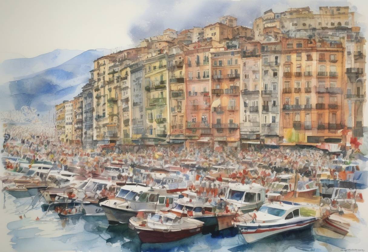 Watercolor painting based depiction of The 27th G8 summit is held in Genoa, Italy, marked by large anti-globalization protests and violent clashes with police. (2001)