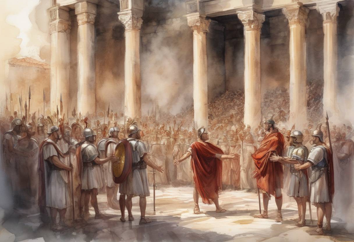 Watercolor painting based depiction of Diocletian is proclaimed Roman Emperor by his soldiers after the death of the Emperor Carus. (284)