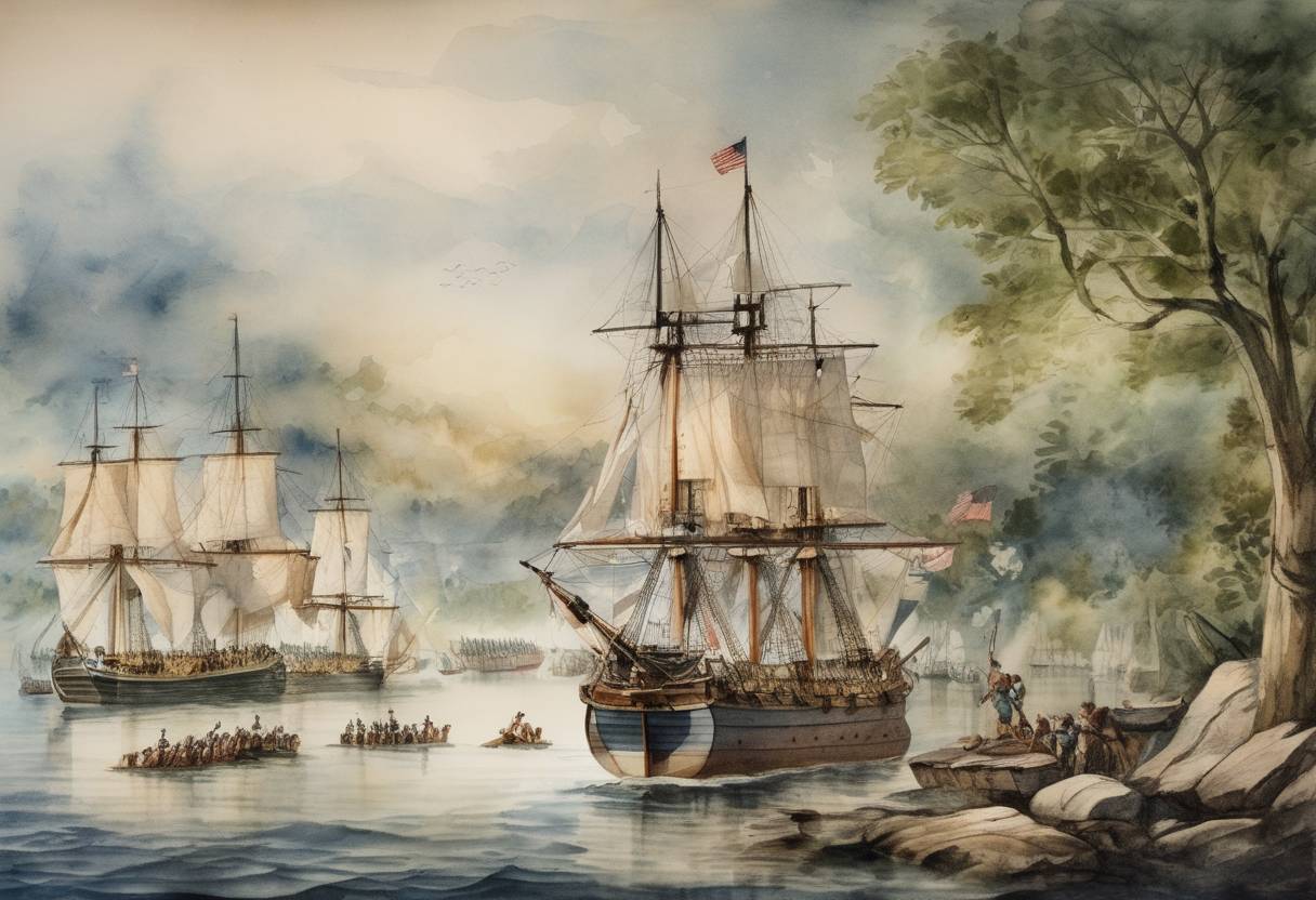 Watercolor painting based depiction of The Battle of Valcour Island, a naval engagement during the American Revolutionary War, takes place on Lake Champlain. (1776)