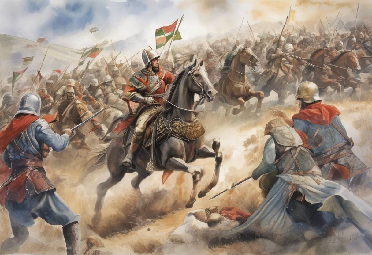 Watercolor painting based depiction of The Battle of the Rishki Pass occurs, where the Bulgarian forces under Khan Kormisosh defeat the Byzantine army, marking a significant event in the Byzantine-Bulgarian Wars. (751)