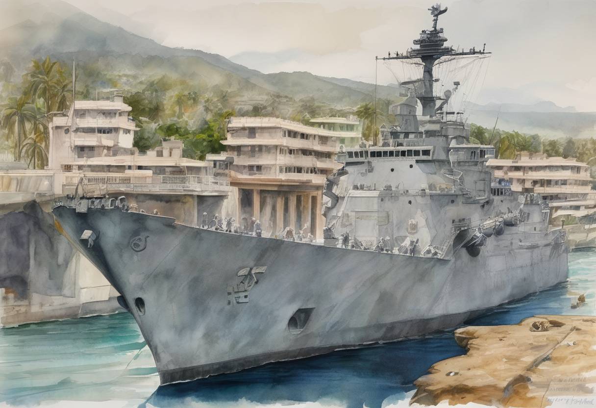 Watercolor painting based depiction of The USS Harlan County was withdrawn from a planned peacekeeping mission in Haiti after being confronted by armed supporters of the military regime. (1993)