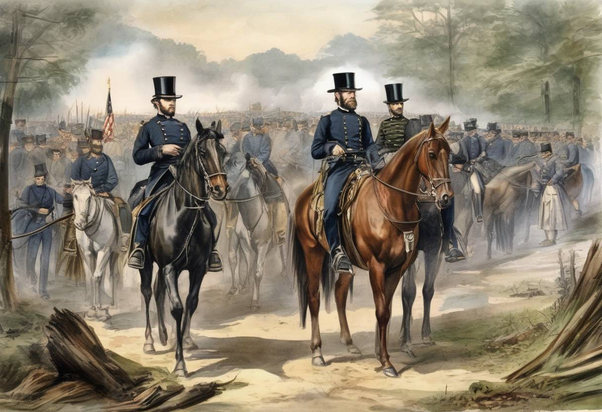 Watercolor painting based depiction of Union General William Tecumseh Sherman begins his 'March to the Sea' during the American Civil War, leaving Atlanta and heading toward Savannah, Georgia. (1864)