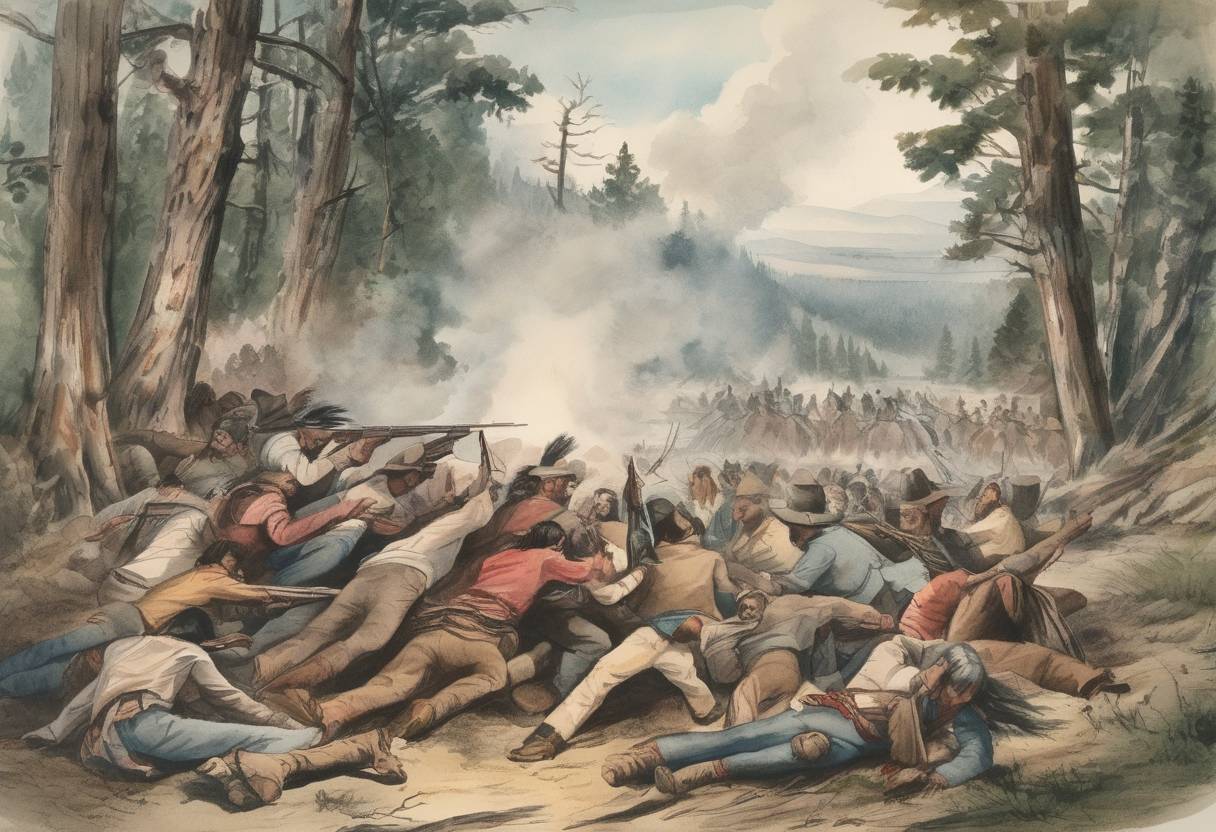 Watercolor painting based depiction of The Whitman massacre occurs in the Oregon Country, where Cayuse Native Americans kill missionary Marcus Whitman and 11 others. (1847)