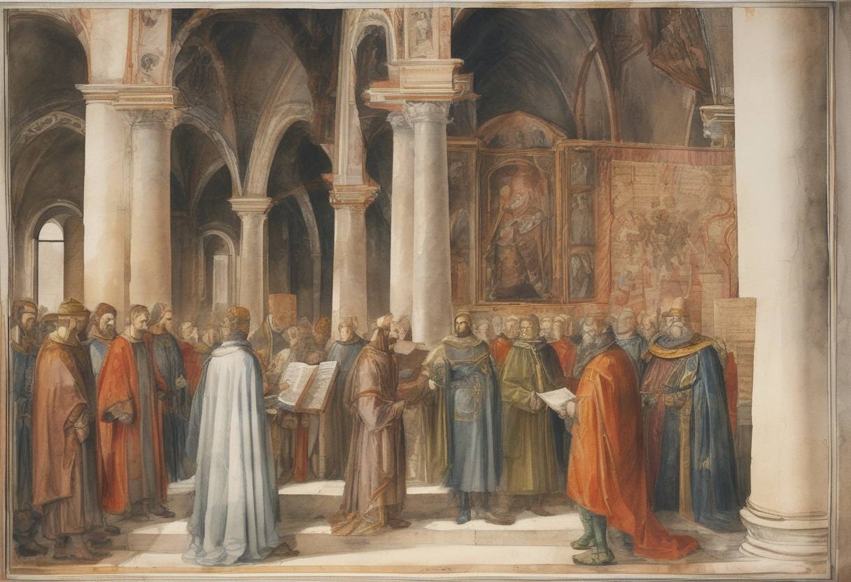 Watercolor painting based depiction of Emperor Otto III issues a document confirming the privileges of the monastery of San Salvatore in Pavia, Italy. (996)