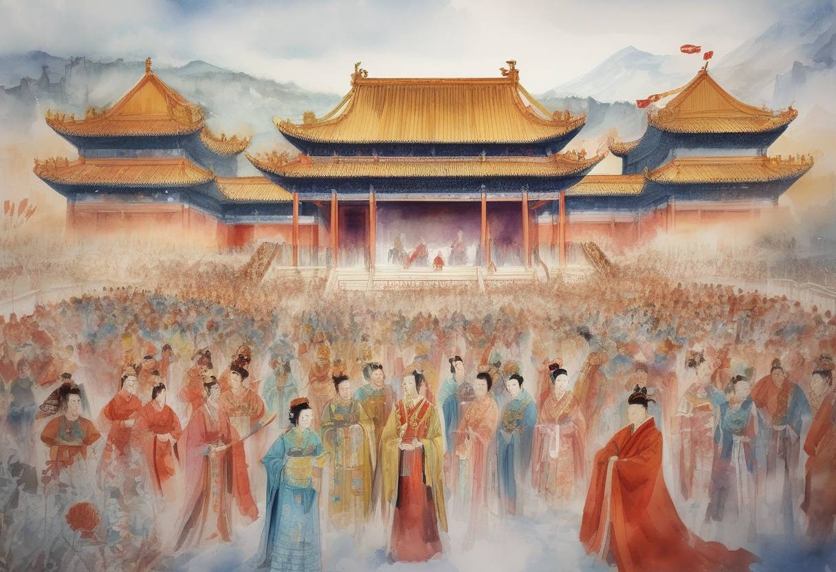 Watercolor painting based depiction of Wu Zetian became the first and only female emperor of China, founding the Zhou Dynasty. (690)