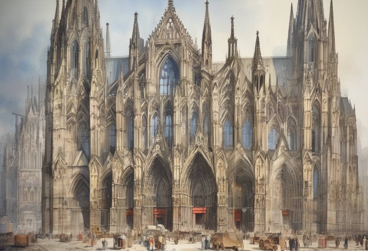 Watercolor painting based depiction of Construction of the Cologne Cathedral in Germany was completed, 632 years after it began in 1248. (1880)