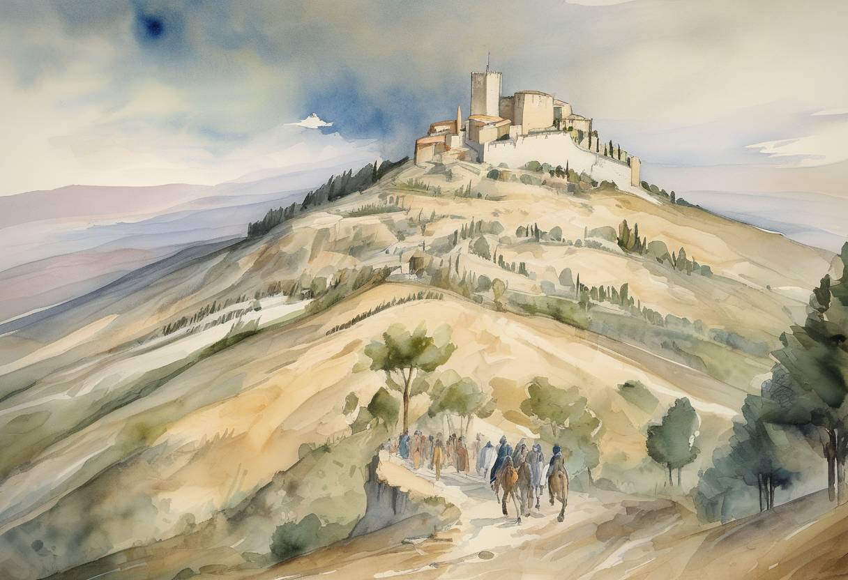 Watercolor painting based depiction of Francesco Petrarca, known as Petrarch, ascends Mont Ventoux in France, an event often considered symbolic of the Renaissance's humanist spirit. (1336)