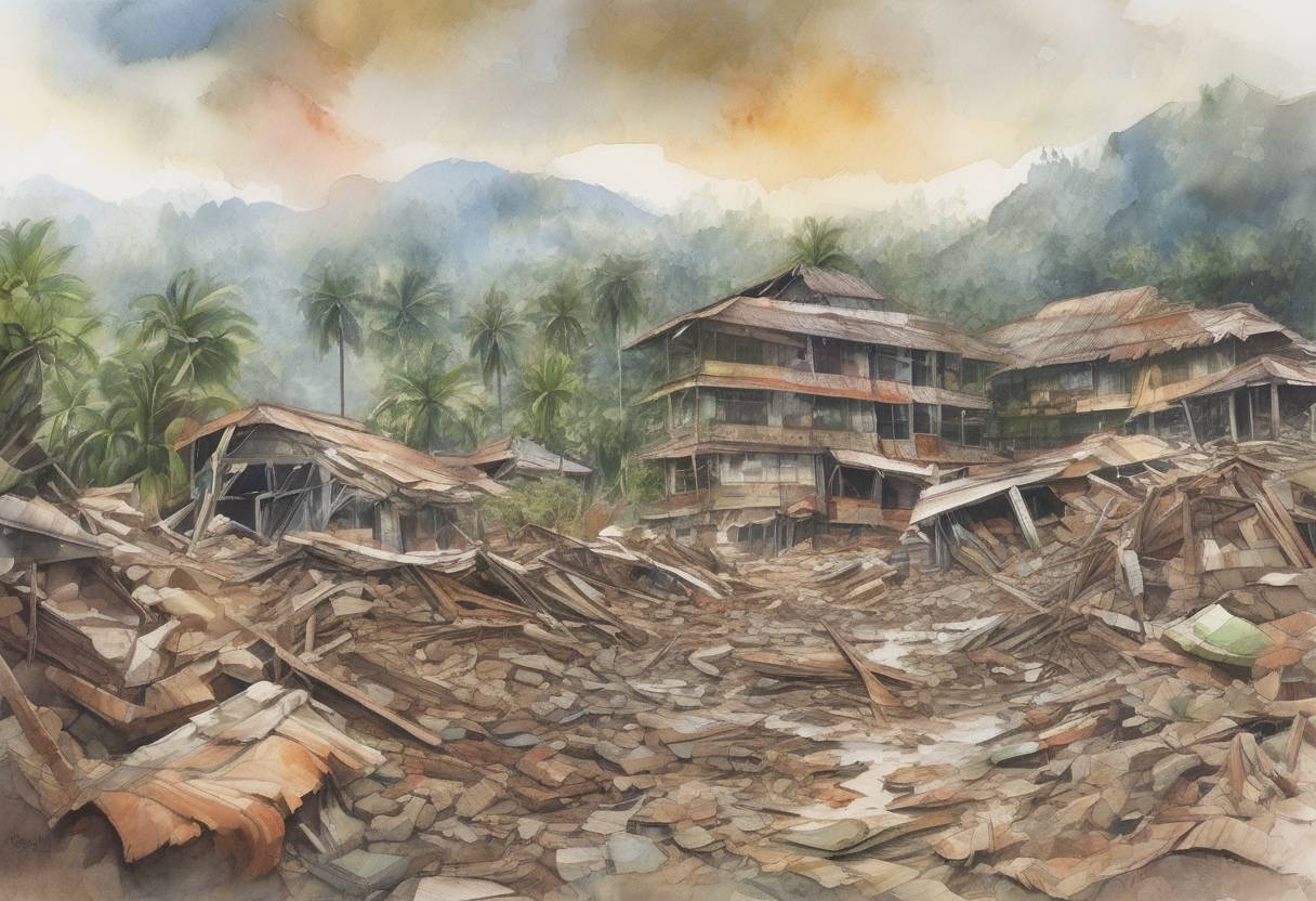 Watercolor painting based depiction of An earthquake measuring 8.6 on the Richter scale struck off the west coast of northern Sumatra, Indonesia, causing widespread panic and damage. It was one of the largest earthquakes since the 2004 Indian Ocean earthquake and tsunami. (2005)