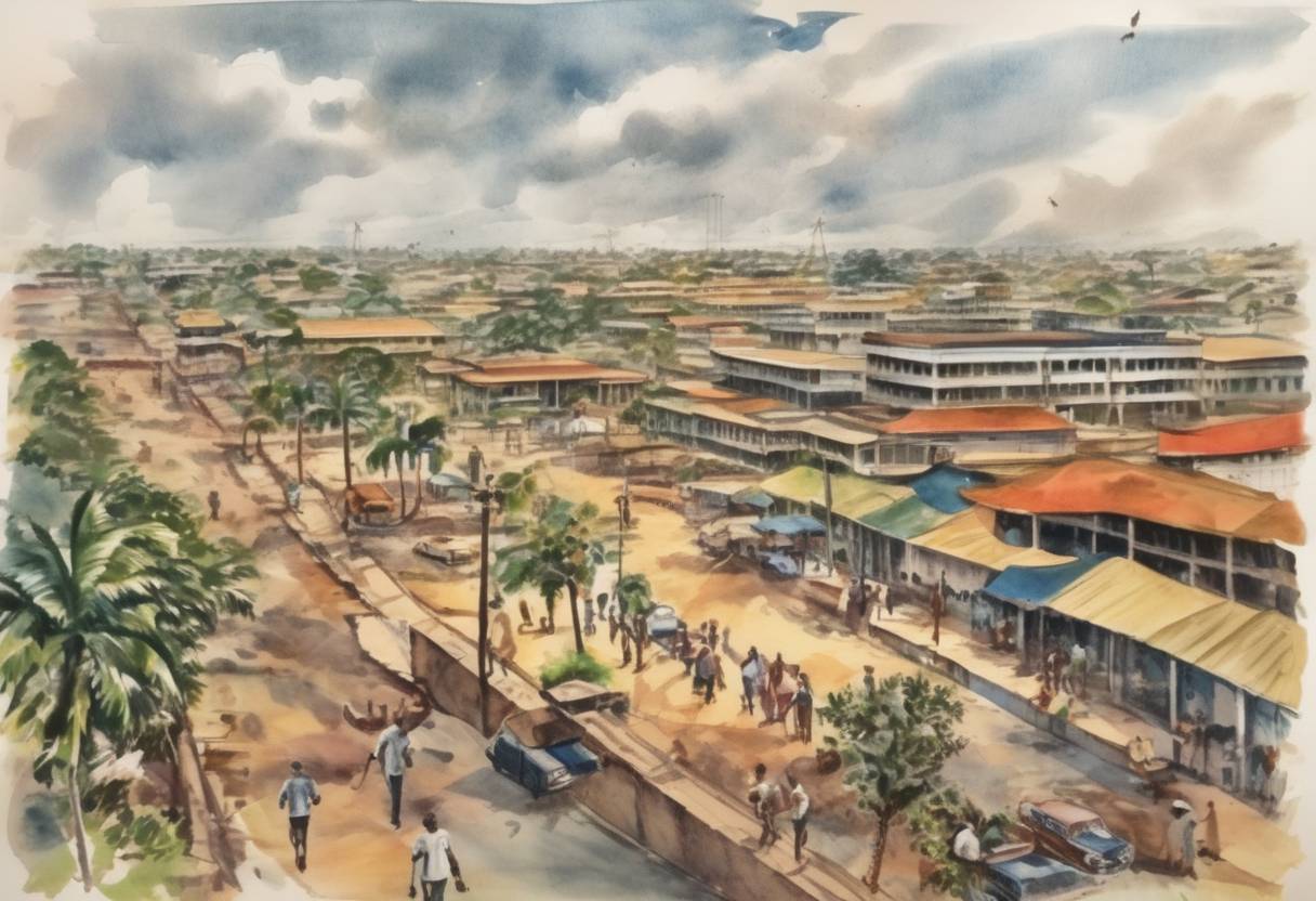 Watercolor painting based depiction of Ghana becomes the first African country to gain independence from colonial rule, with Kwame Nkrumah as its first Prime Minister. (1957)