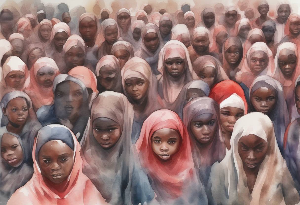 Watercolor painting based depiction of Boko Haram militants kidnapped 276 schoolgirls from a secondary school in Chibok, Nigeria, sparking international outrage and the #BringBackOurGirls campaign. (2014)