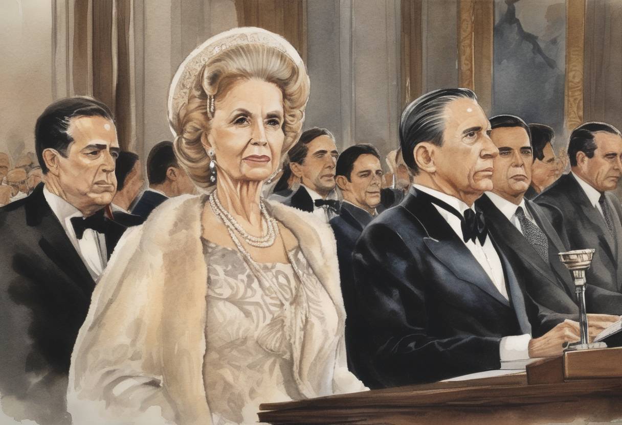 Watercolor painting based depiction of Isabel Perón was sworn in as the first female President of Argentina, following the illness of her husband, President Juan Perón. (1974)