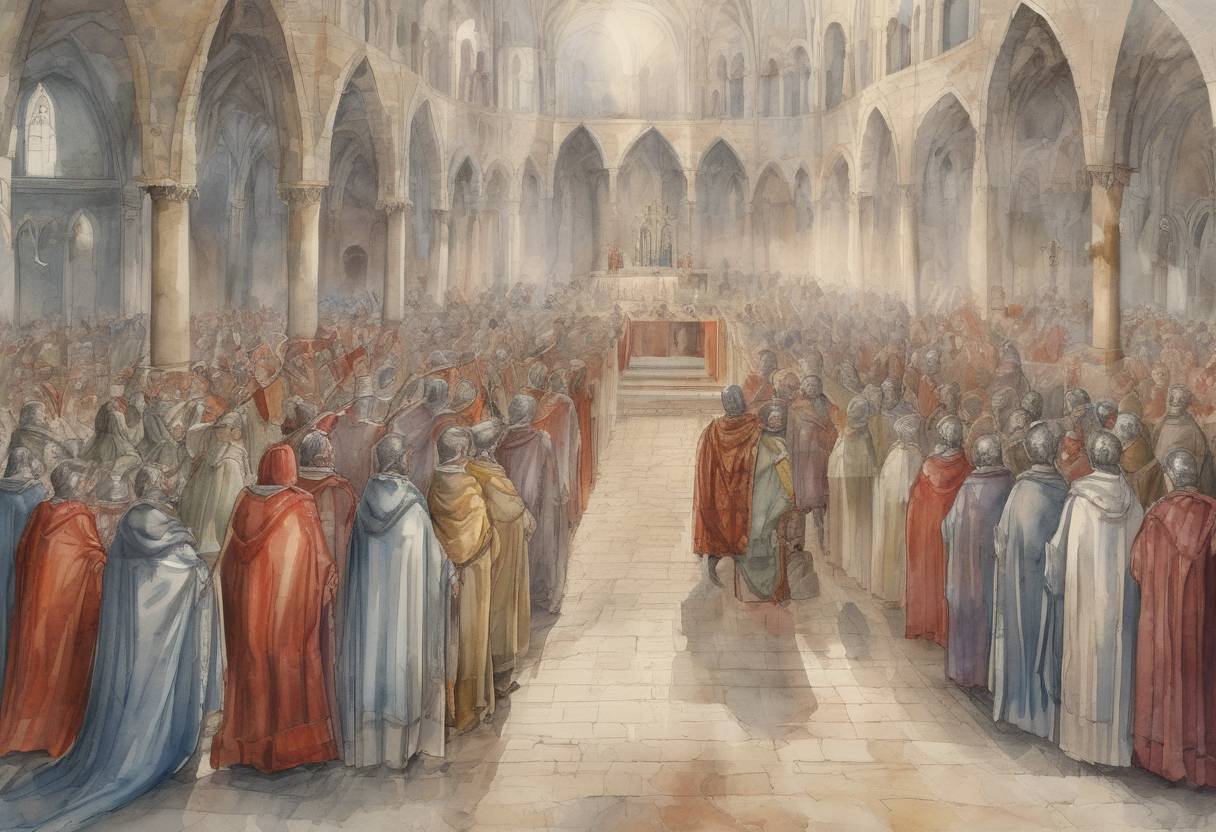 Watercolor painting based depiction of The Second Council of Tours convened, which was an important ecclesiastical assembly in the Frankish Kingdom. It addressed various issues related to church discipline and the conduct of clergy. (567)